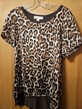 MICHAEL Michael Kors Leopard-Print Short Sleeve Top in Brown and Cream